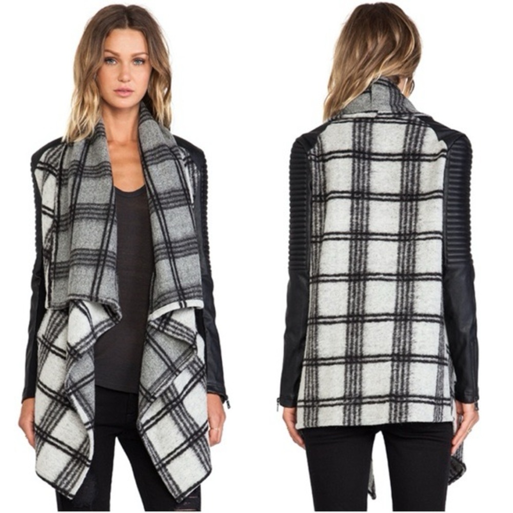 Plaid Waterfall Cardigan with Faux Leather Sleeves